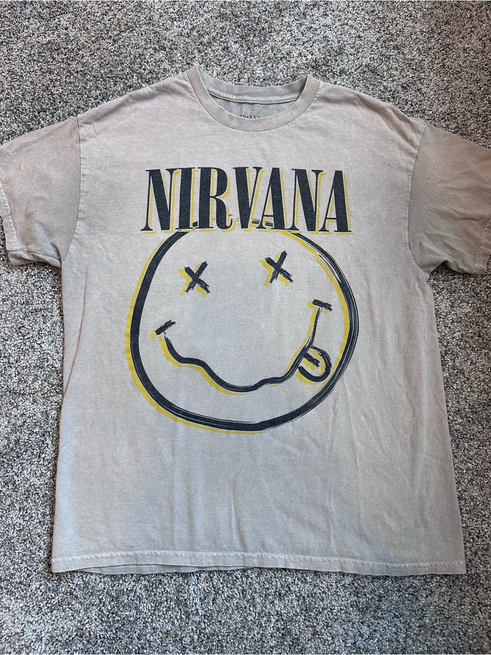 NIRVANA Beige Graphic Tee with Black Smiley Face Print